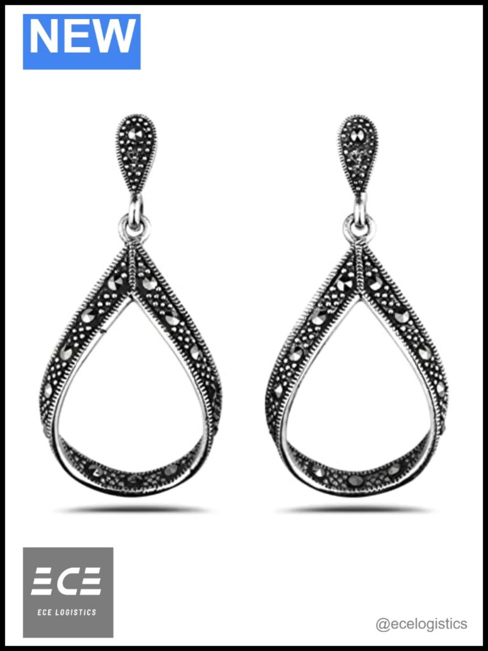 925 Solid Sterling Silver Marcasite Open Tear Drop Dangle Earrings